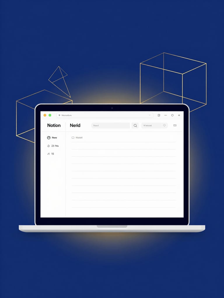 Minimalist UI mockup of a Notion workspace on a sleek laptop screen, deep royal blue background, soft golden ambient glow, clean geometric wireframes floating in background