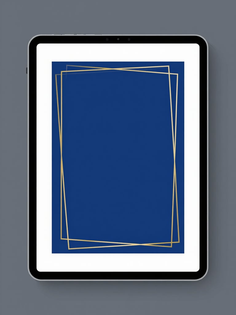 A premium flat vector mockup of a sleek digital tablet displaying a clean book cover with gold geometric wireframes, deep royal blue background, minimalist style