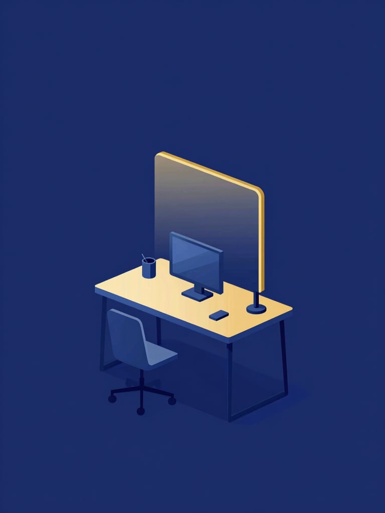 Minimalist flat vector illustration of a modern workspace with clean geometric wireframes, deep royal blue and gold ambient light, representing structured intelligence.