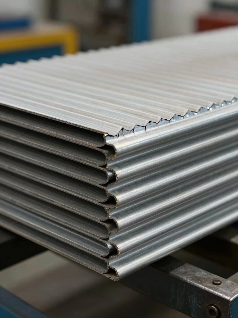Extreme close-up of corrugated sheet layers under a steel compression jig, tungsten shop light raking across the flute ridges, fracture stress lines visible at the seam edge, factory floor blurred in background