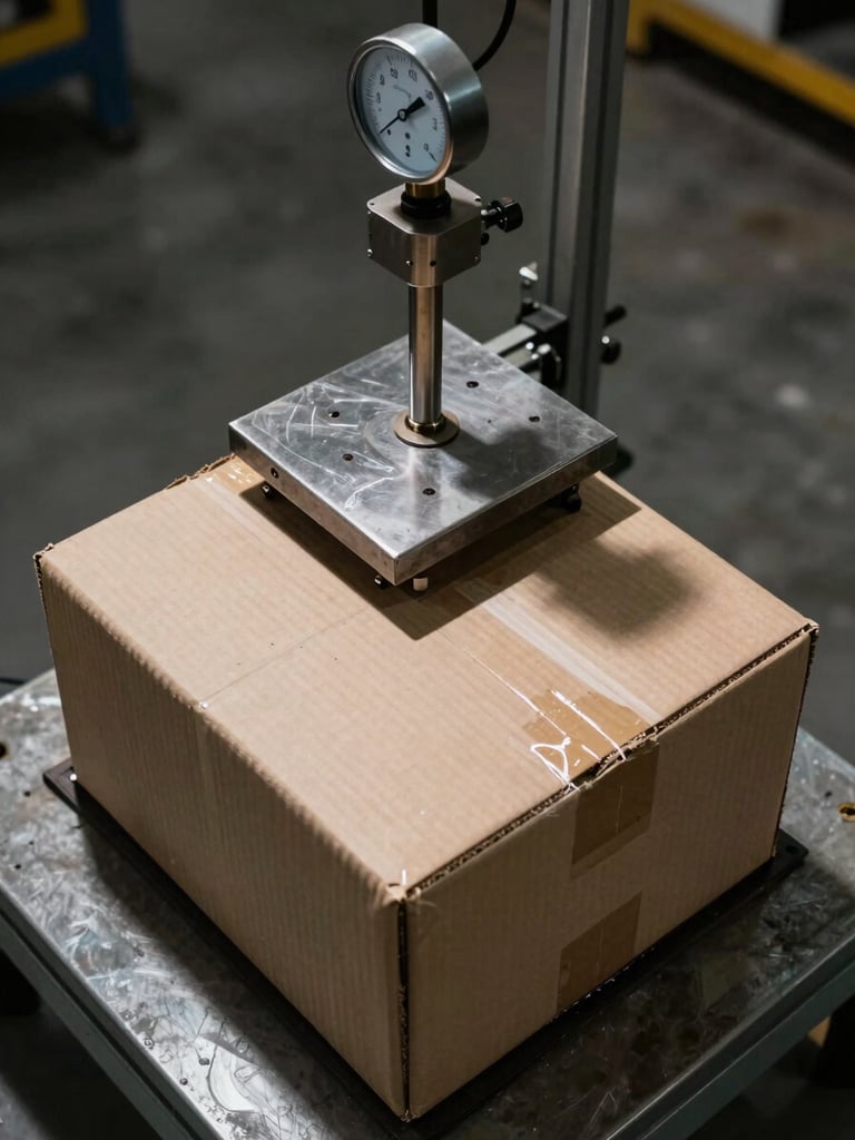 Overhead shot of a corrugated box on a compression test rig, steel platens pressing down, load gauge visible at the top of the frame, factory floor concrete below, tungsten light from above casting a hard shadow at the box edges