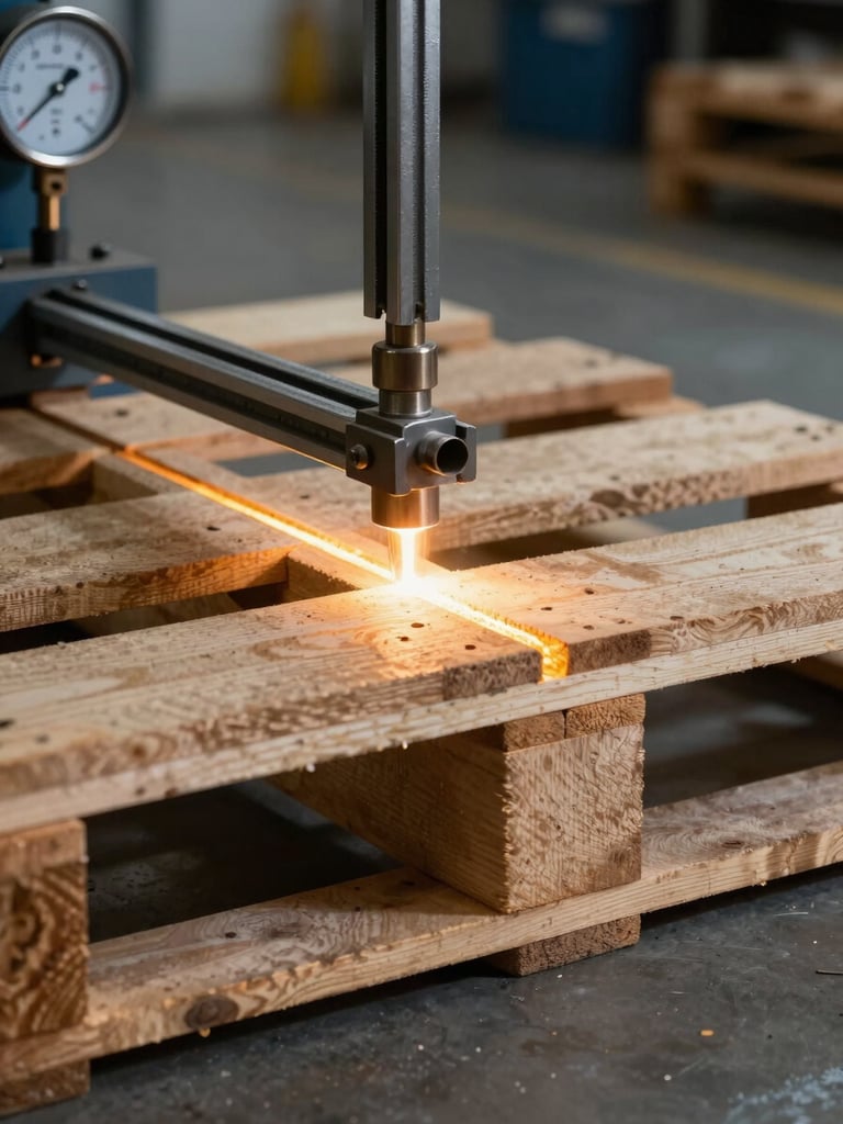 Extreme close-up framing, wooden pallet clamped inside a steel load-testing jig, tungsten shop light raking across the joint seams, load-test gauge visible in upper corner, factory floor background soft and dark