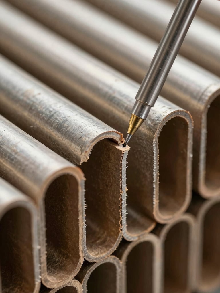Extreme close-up of corrugated flute channels in cross-section, a steel test probe pressing into the liner at the fracture point, tungsten overhead light casting hard shadows into each flute valley, raw kraft color