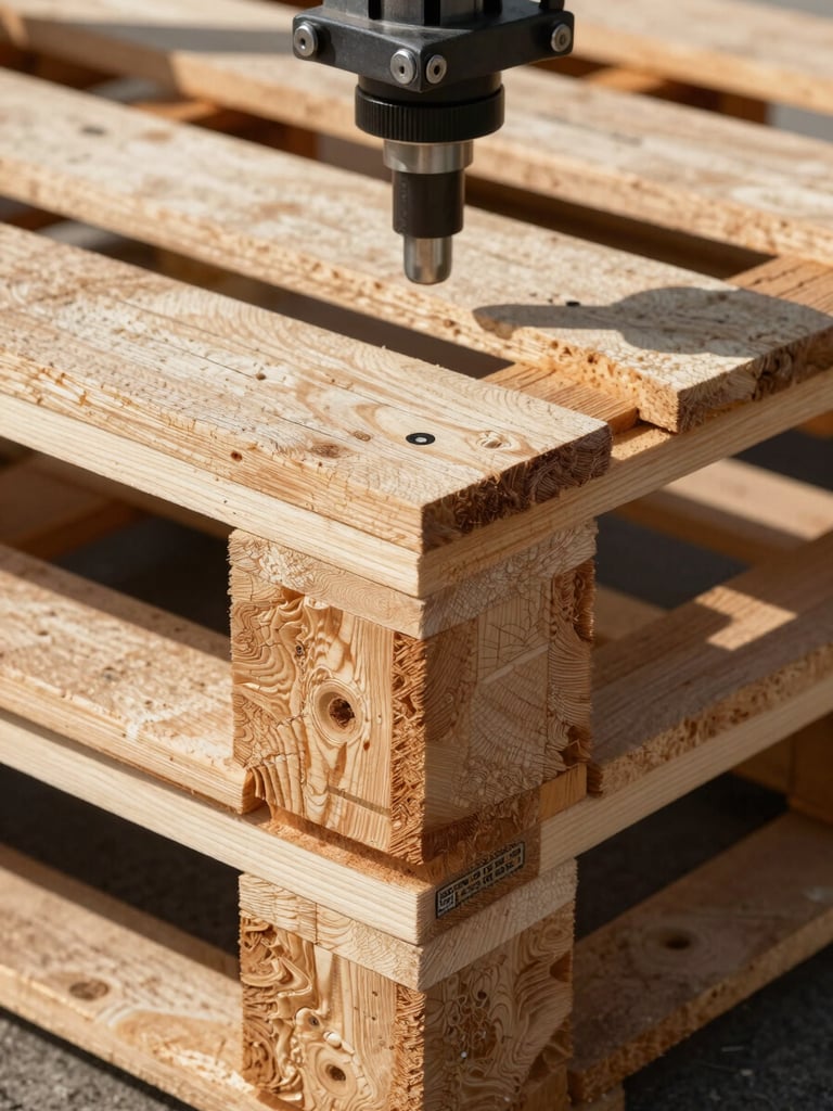 Extreme close-up of a wooden pallet joint under a steel load-testing jig, tungsten overhead lighting casting hard shadows across the grain, a numbered test-point marker visible at the corner joint, raw timber texture and metal clamp in tight frame