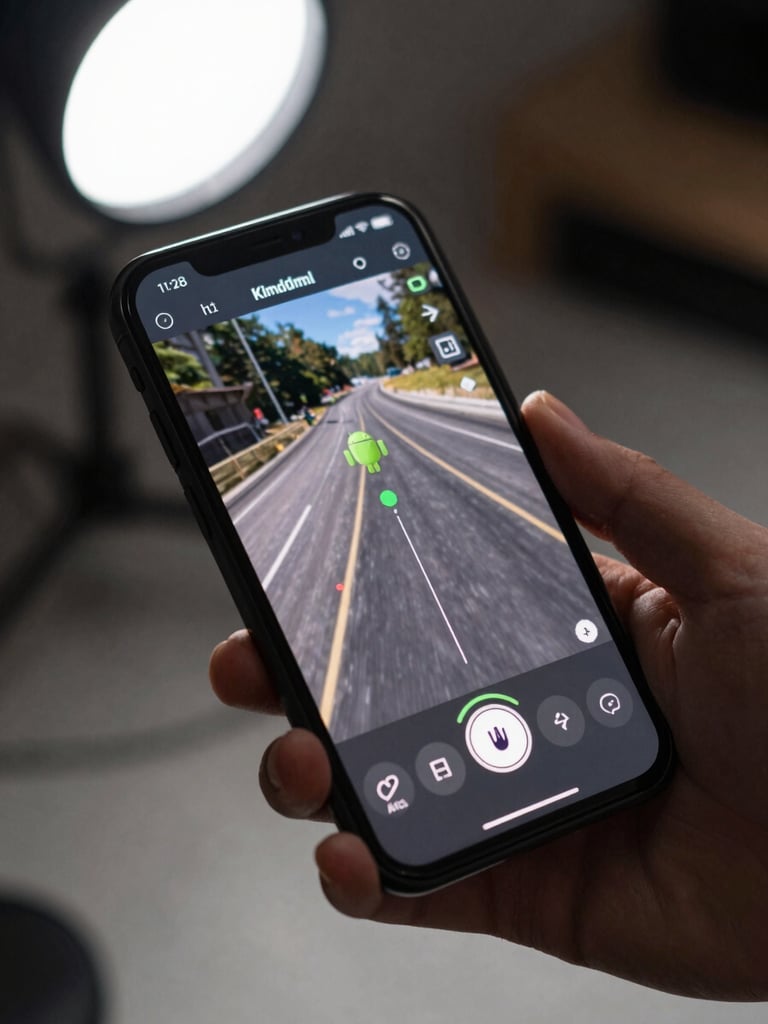 Close overhead shot of an Android phone held at a working angle, game UI visible on screen — frame profiler overlay, tight gesture indicator, real interface elements, even studio work-light, no bokeh