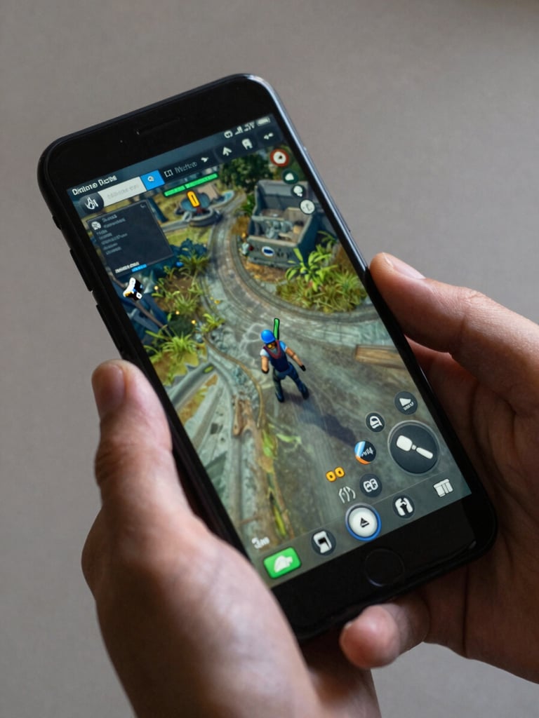 Close crop of an Android device held at a working angle, screen showing a running game with visible UI state and touch input ripple, even daylight-neutral studio lighting, hands partially in frame, no posed grip