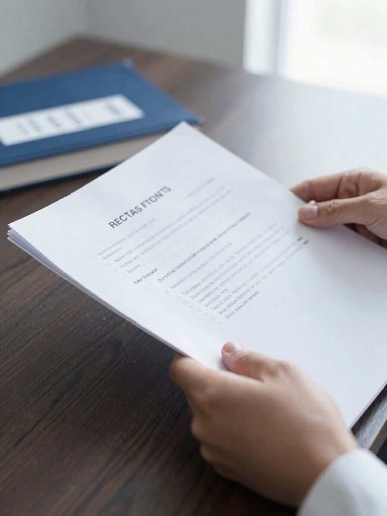 Macro close-up of hands holding legal documents and a medical social reference book on a dark wood desk, soft clinical white highlights.