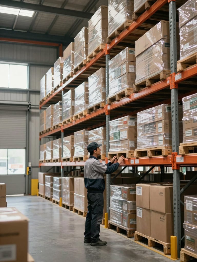 Environmental wide shot inside a distribution warehouse, worker in work clothes checking inventory on tall metal shelving, product boxes neatly stacked floor to ceiling, daylight through side warehouse windows, organized and operational