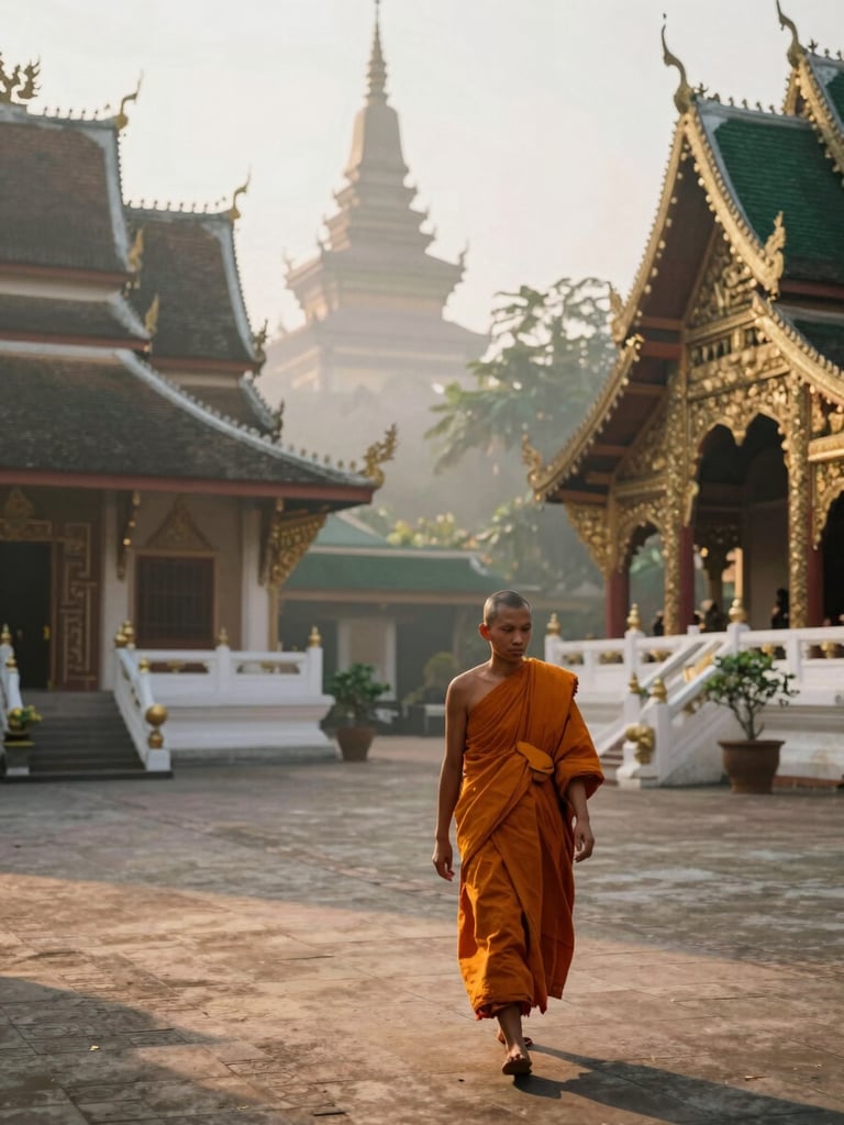 A quiet Buddhist temple courtyard in Chiang Mai at sunrise, soft morning mist, saffron-robed monk walking slowly, authentic documentary style