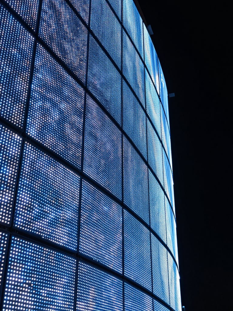 Extreme close-up of a large curved LED panel array in a darkened installation space, electric blue and white LED pixels illuminating the precise seam geometry and curve radius along the panel's edge, nighttime controlled lighting, no ambient fill, architectural framing from a low oblique angle showing depth and curvature