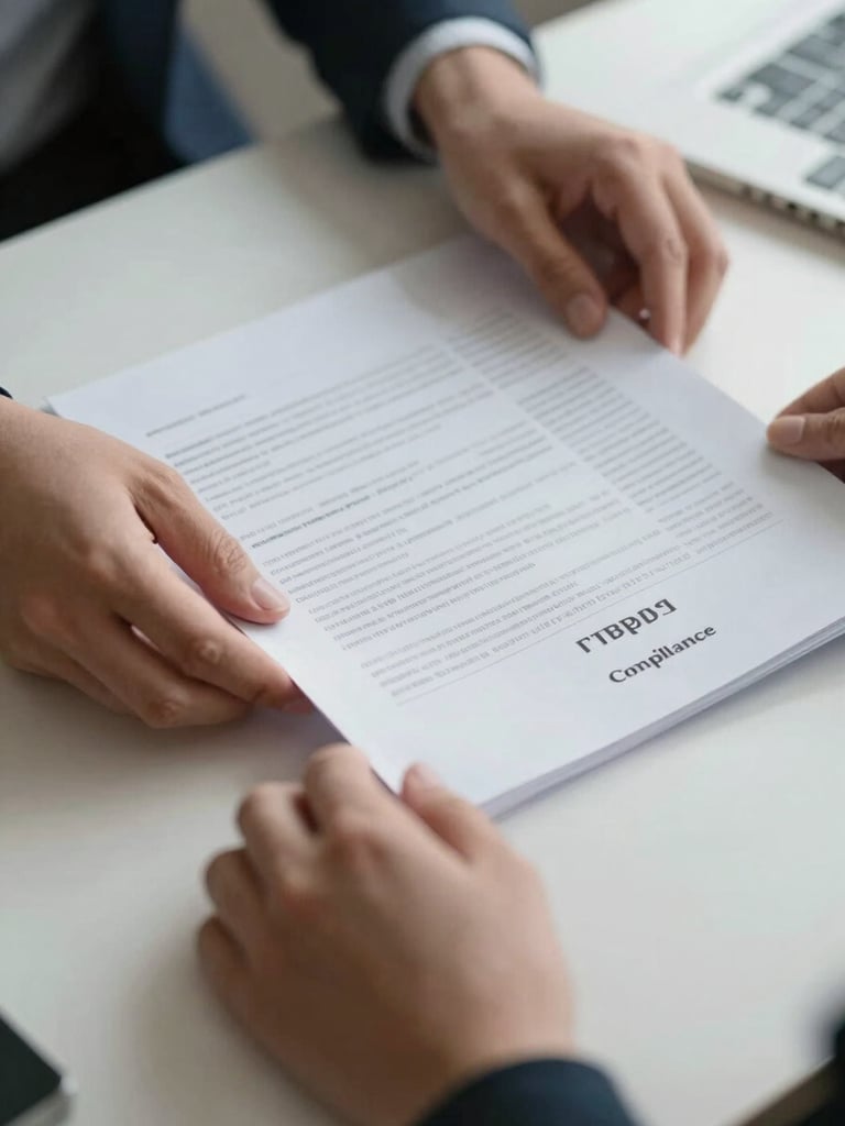 Close-up of hands arranging financial compliance documents on a clean desk surface under even overhead office lighting, papers aligned with precision, no clutter visible