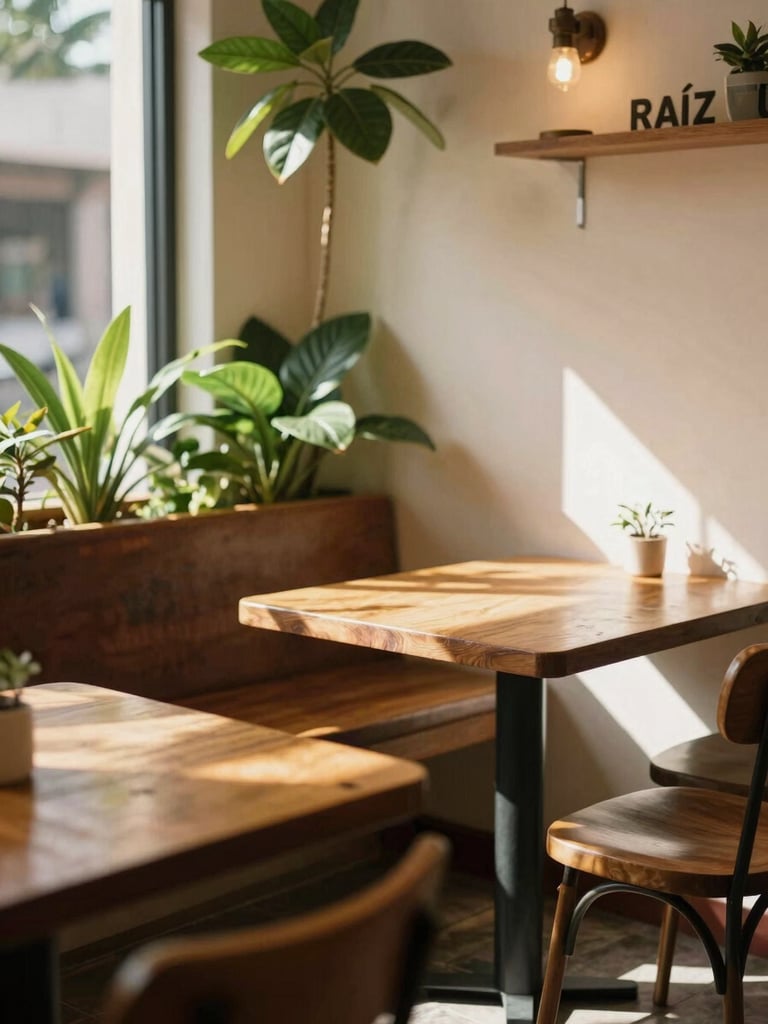Warm sunlit corner of Raíz Tuc cafe in Tuxtla Gutiérrez, wooden tables, green plants, soft natural light, 35mm