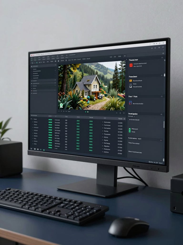 Wide environmental shot of an organized operational dashboard displayed on a large monitor, photographed from a slight angle in a clean workspace, controlled studio lighting from the left, interface panels and data rows visible at macro scale, deep navy desk surface, no people in frame