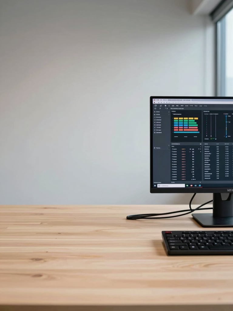 Wide environmental shot of an organized workspace, left side open with generous negative space, a desktop monitor displaying a structured operational dashboard in the right third, even north-facing daylight, cables neatly routed, no clutter, precise and architectural in composition