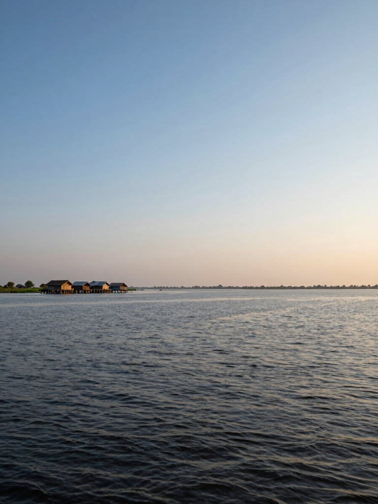 Wide environmental shot of the haor wetlands in monsoon fullness — water reaching to every horizon, a small cluster of homesteads raised on earthen mounds visible in the far left third, late afternoon light casting long gold lines across the water surface, shot from a low angle at water level emphasising the vast open sky above