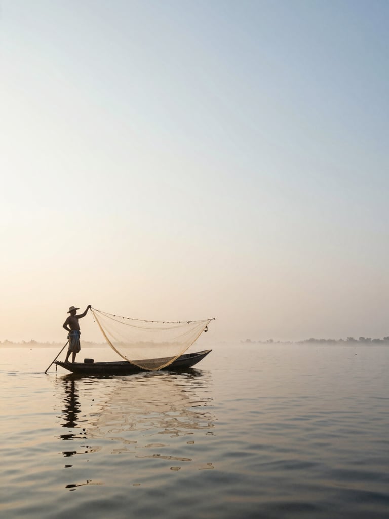 Wide panoramic frame, haor wetland at early morning — a fisherman casting a net from a low wooden boat to the left third, the water surface catching pale gold dawn light, mist rising from still water across the right half of the frame, low horizon, open sky