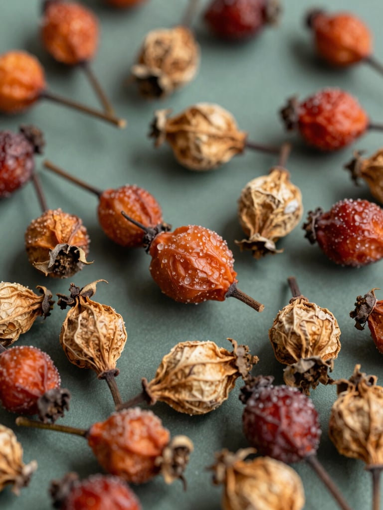 Close-up macro shot of dried rosehip botanicals with a few whole rosehips, cold northern daylight, soft shadows, terracotta tones.