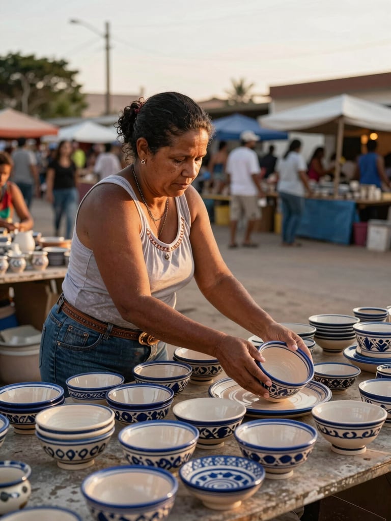 Wide shot of artisan woman arranging ceramic pieces on a market stall table in an open-air Ceará feira, golden hour side light, hands visible placing a hand-painted bowl, documentary realist