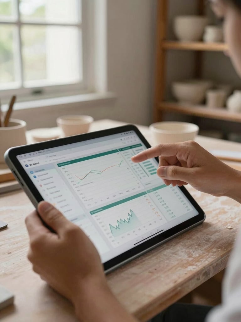 Close-up of artisan hands navigating a tablet screen showing financial dashboard data, natural daylight from a side window in a small Fortaleza home workshop, ceramic pieces visible on a shelf in the soft background