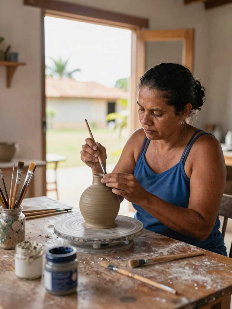Artisan woman at a wooden table painting a clay figurine in a small Ceará workshop, natural daylight through open door, paintbrushes and pigment jars in foreground, hands in focus, documentary realist
