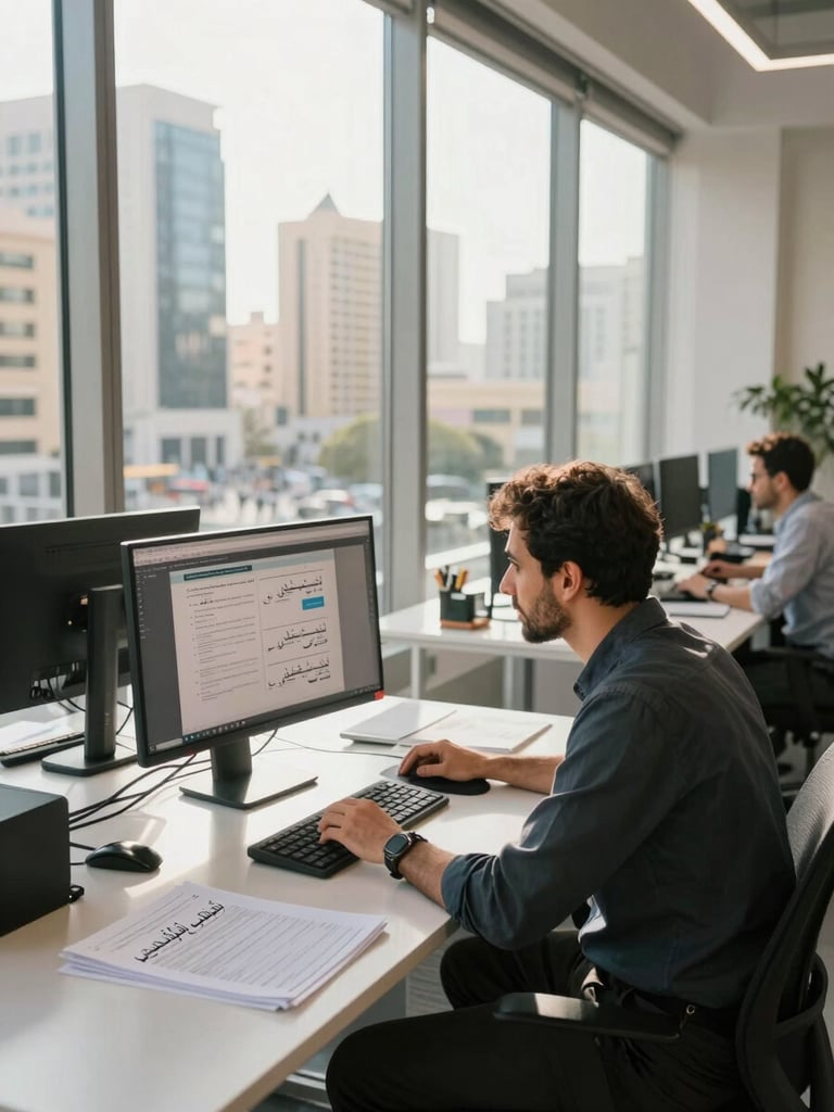 Wide shot of a modern open workspace in an Arabic city, a professional reviewing content on a large monitor, natural daylight flooding through floor-to-ceiling windows, clean desk with Arabic-language documents visible, warm morning light, slightly elevated angle showing the environment