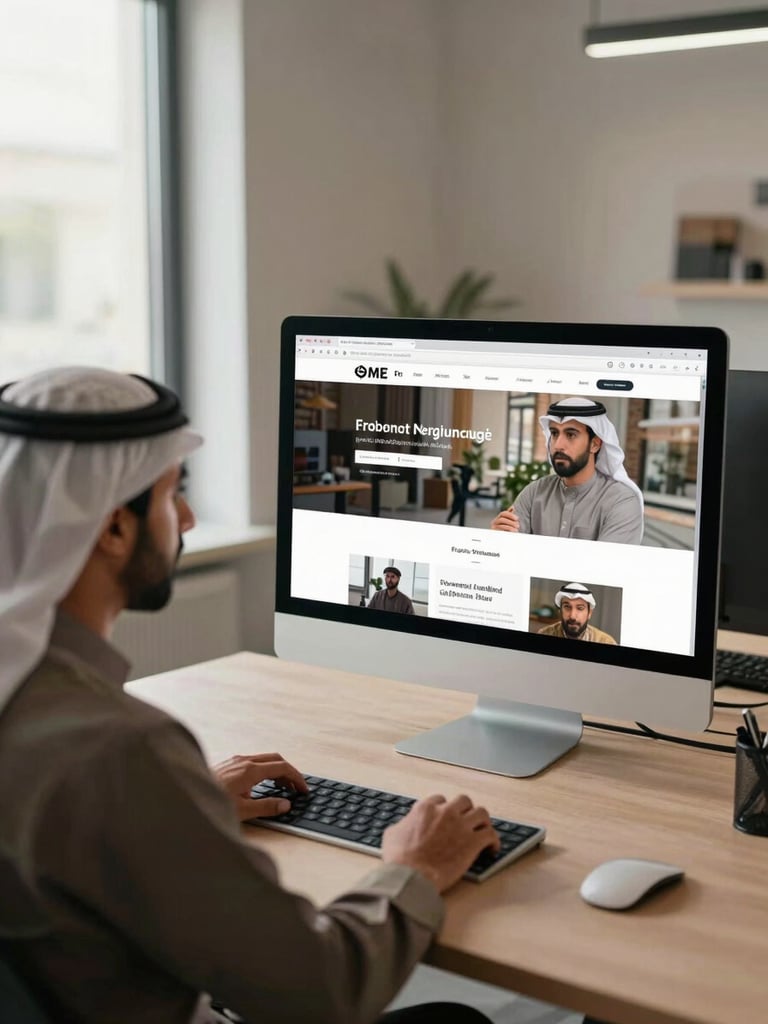 Wide environmental shot of an Arabic-speaking professional reviewing a website on a large monitor in a bright modern workspace, natural daylight from tall windows at left, desk surface visible with minimal objects, warm neutral tones, shot from slightly above and to the side showing screen and person in profile