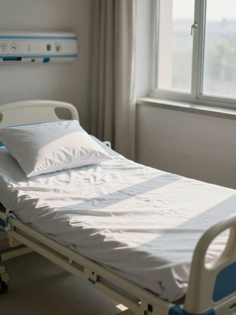 Soft window light illuminating a clean, ready-to-use hospital bed in a quiet home setting, focusing on the neat, professional setup with no people visible.