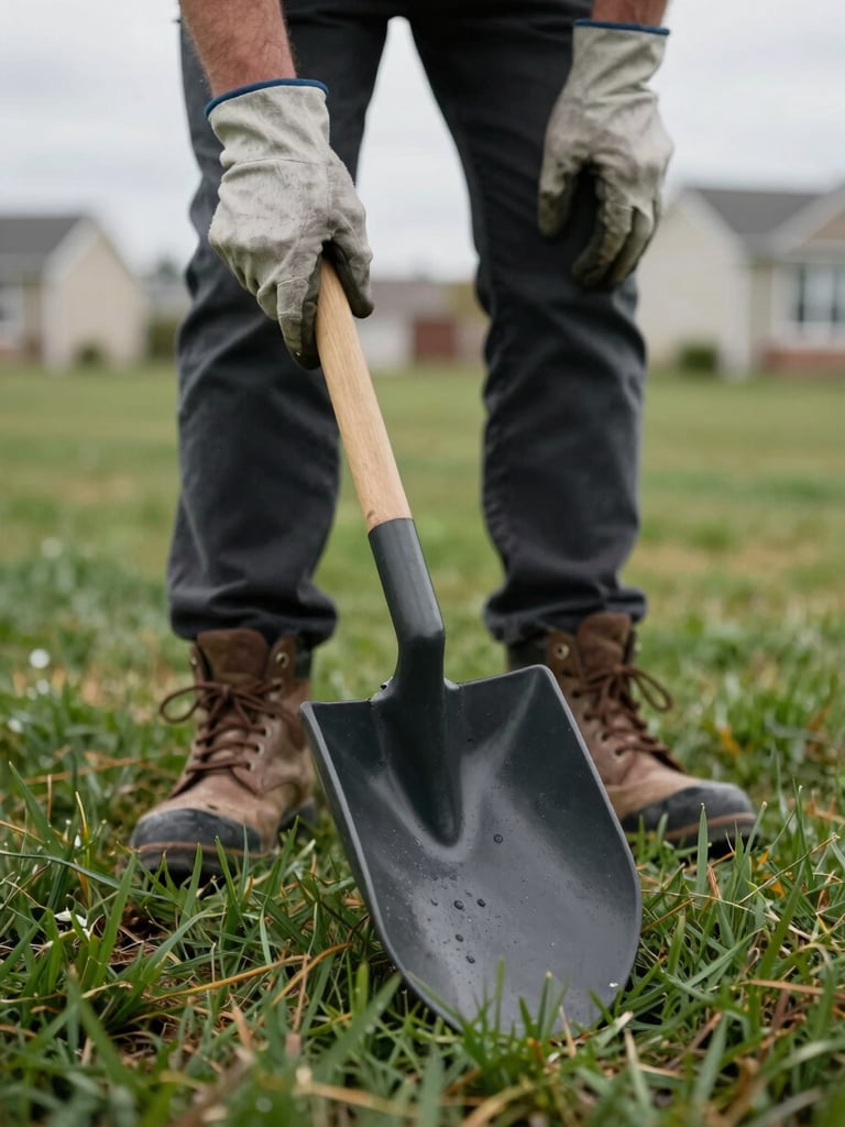 Close-up shot from ground level of work-gloved hands holding a scoop tool over a residential lawn in overcast Iowa daylight, worn work boots visible at the bottom of the frame, grass slightly damp, no staging or styling