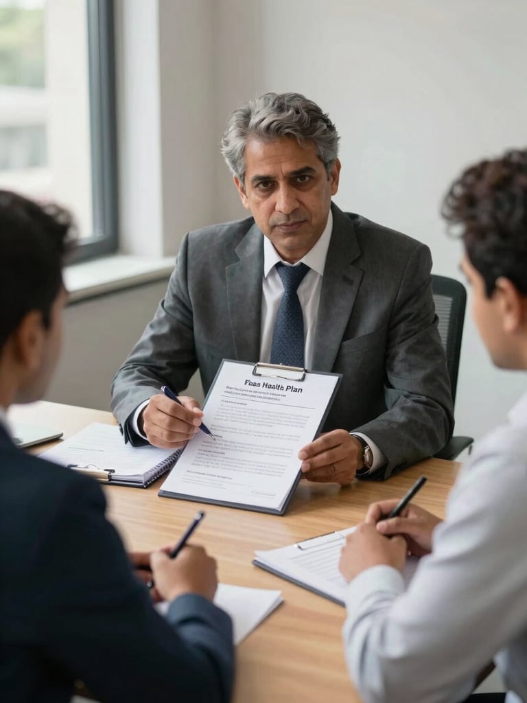 Medium shot of an advisor at a conference table in a Jaipur office presenting a group health plan document to two business owners, natural daylight from the left, open binders visible on the table