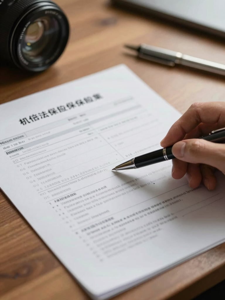 Close-up of a critical illness insurance policy document being reviewed at a desk, a pen resting on the page, a printed checklist beside it, warm north-facing daylight, shallow depth of field