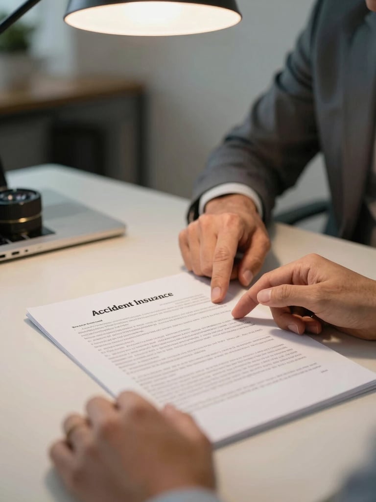 An advisor pointing to a clause in an accident insurance document at a consultation table, the client's hand resting on the page, warm indoor office light from above, Jaipur office setting