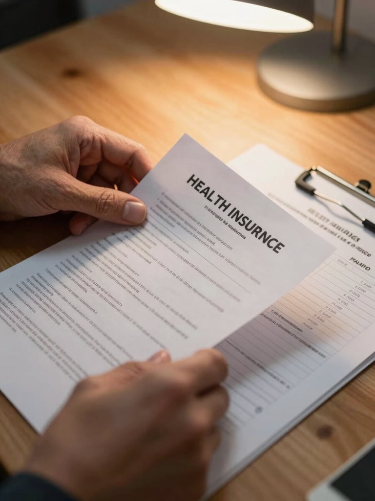 Close-up of hands sorting through health insurance policy documents on a wooden desk, warm overhead light, a checklist visible beside the papers, shallow depth of field