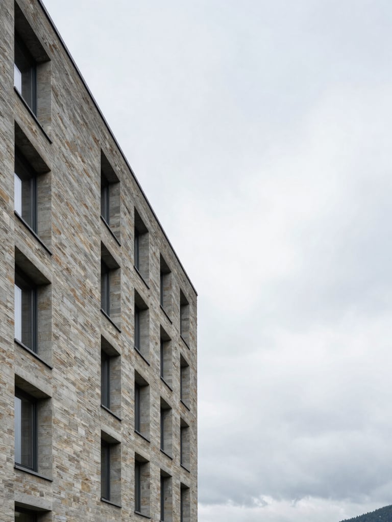Wide environmental shot of a Zug office building exterior at midday, stone facade and clean architectural lines to the left third, overcast Swiss sky occupying generous upper space, no people visible