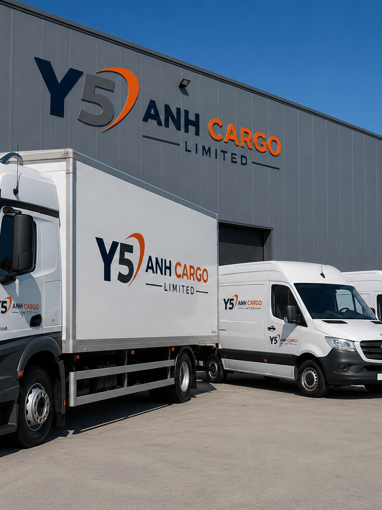 A fleet of Y5 Anh Cargo logistics trucks and delivery vans parked outside a distribution warehouse.