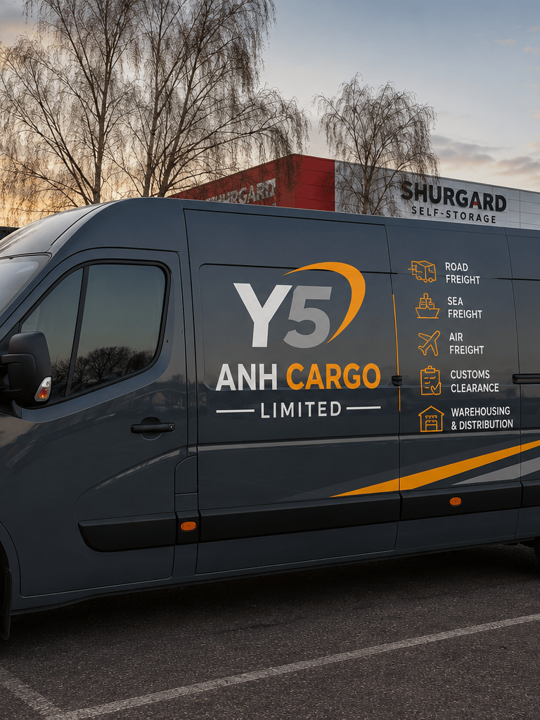 A grey ANH Cargo Limited delivery van parked outside a Shurgard self-storage facility at sunset.
