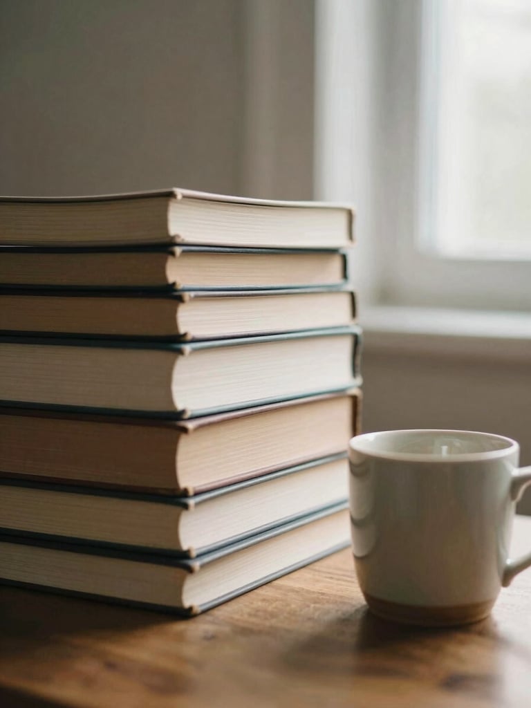 Stack of well-worn psychology books on a wooden desk, next to a ceramic mug, bathed in soft morning light, shallow depth of field.