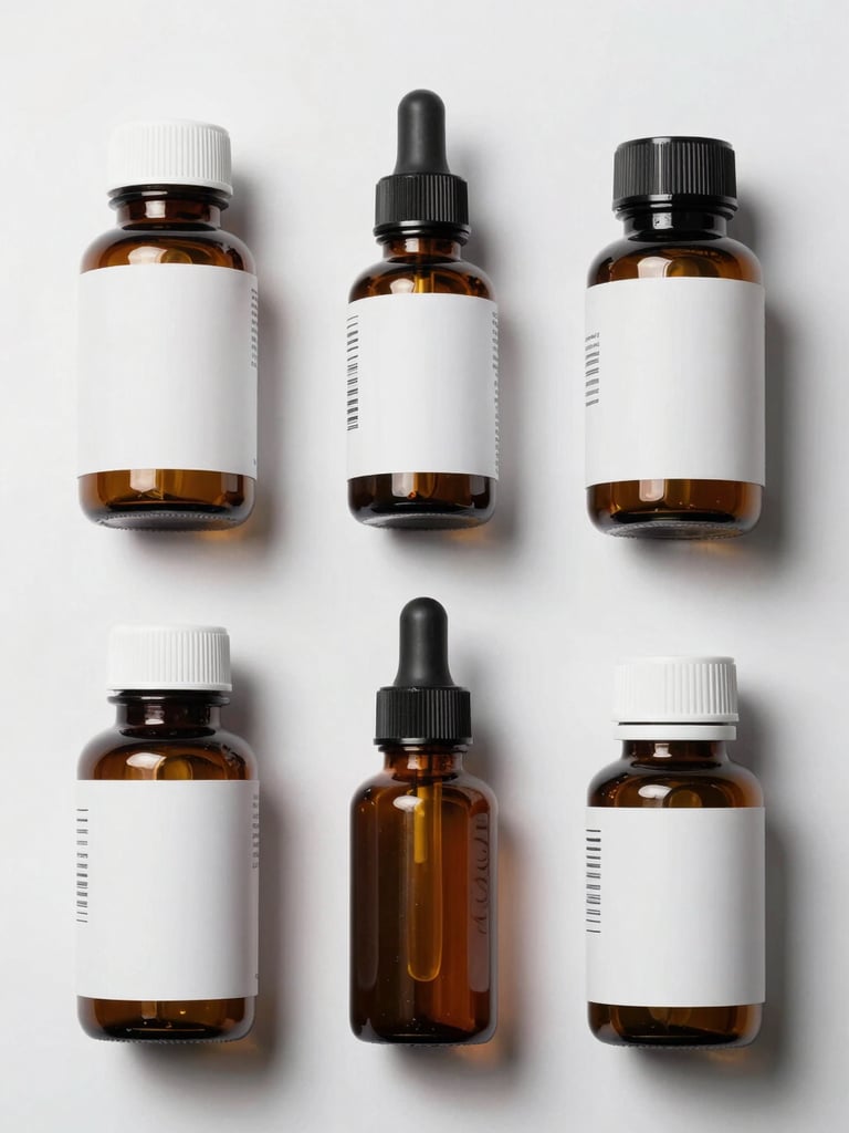 Overhead flat-lay of six skincare and supplement product bottles on a white seamless surface under cool studio strobe, extremely tight crop showing label textures and cap details, no hands, no shadows, clinical white background