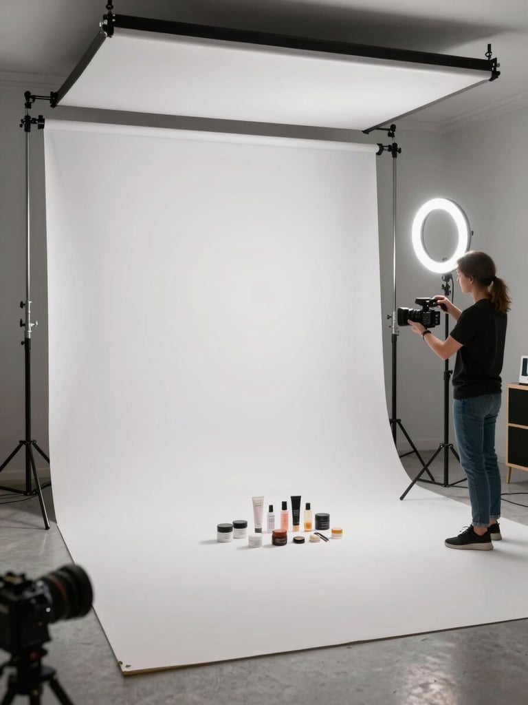 Wide studio floor shot, professional lighting rigs and camera equipment in motion, crew member adjusting a ring light over a white seamless backdrop with skincare products arranged in a flat lay, cool neutral LED overhead, equipment cables visible, no models