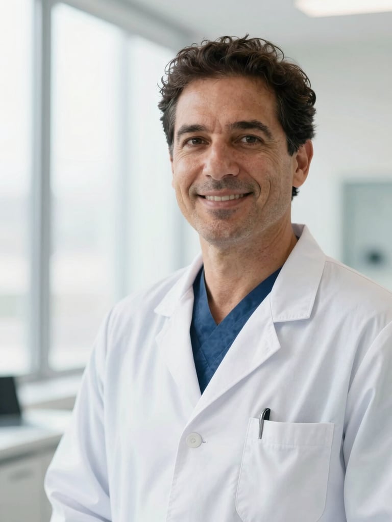 Professional portrait of Dr. Renato Gomes, a warm and confident male surgeon in a clean white coat, smiling gently in a bright modern clinic with soft window lighting, shallow depth of field