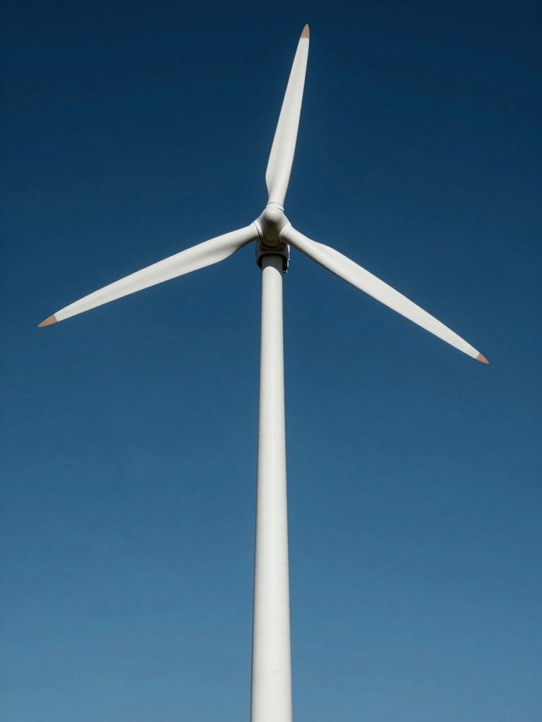 A clean technical CAD-style render of a white spiral vertical wind turbine silhouette, high-contrast crisp daylight, deep blue background, architectural elevation framing.