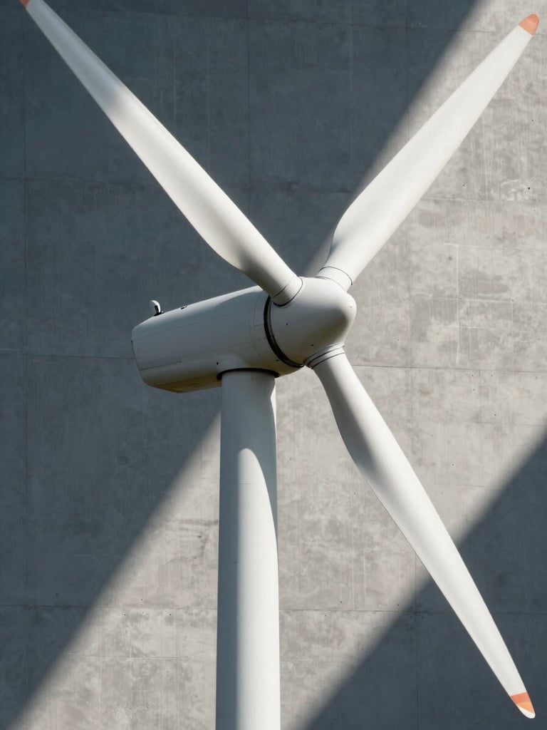 Close-up of a white spiral wind turbine blade catching sharp daylight, casting geometric shadows on a concrete wall.