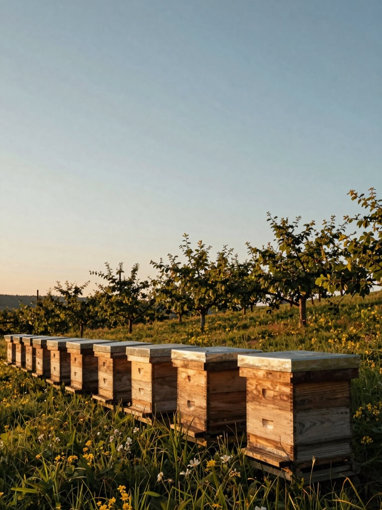 Wide environmental shot of wooden beehive boxes placed on a hillside orchard at golden hour, warm amber light raking across the frames from the right, wildflower meadow visible in the mid-ground, low horizon, generous sky, no people