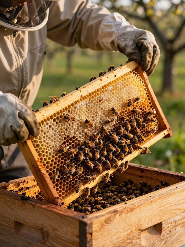 Close environmental shot of a beekeeper's gloved hands lifting a full honeycomb frame from a wooden hive box in golden late-afternoon light, bees clustered on the comb, warm amber glow filtering through the translucent wax cells, orchard blurred in the background