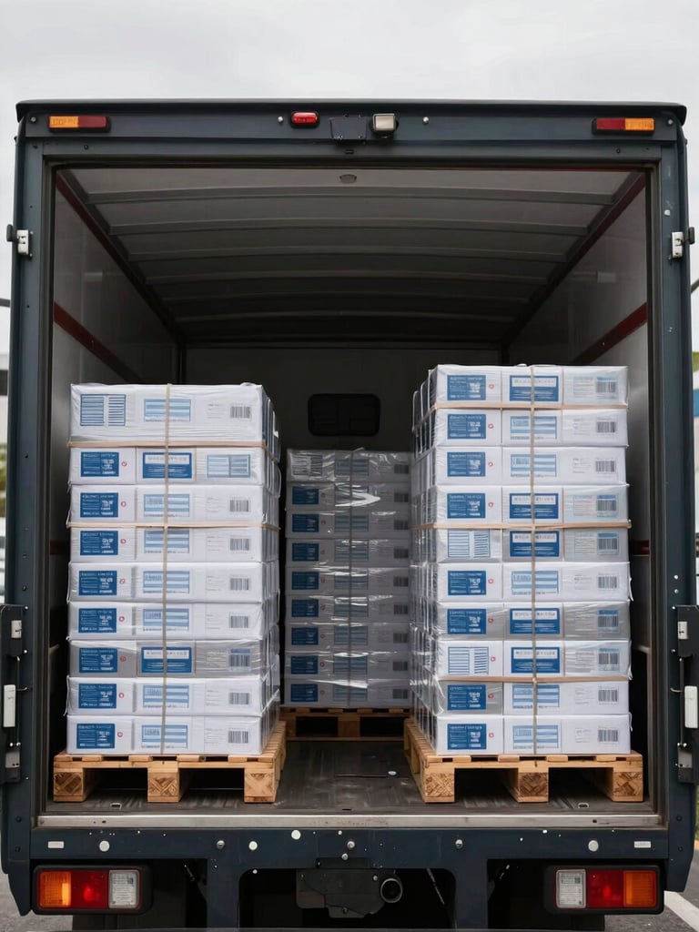Wide interior shot of a delivery truck cargo bay loaded with stacked cases of paper products secured on pallets, overcast daylight streaming through the open rear door, organized loading pattern visible