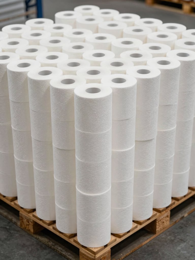 Angled overhead shot of bulk paper towel rolls stacked on wooden pallets inside a warehouse, overcast warehouse lighting, organized rows receding into the background, concrete floor visible at bottom edge