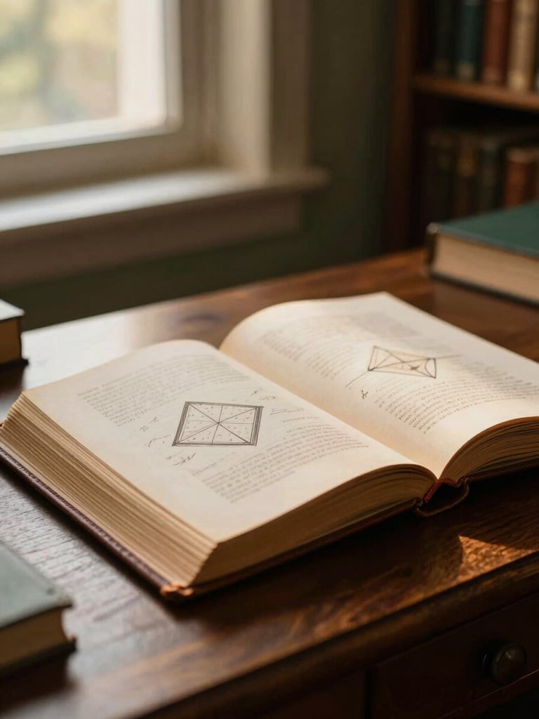 Close-up of an open leather-bound archival book with hand-drawn geometric diagrams, resting on a dark oak desk in a quiet library alcove, warm ambient lamp glow.