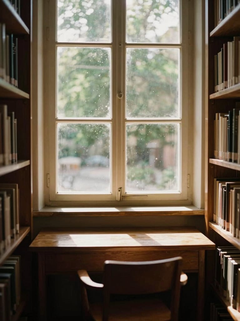 A quiet library alcove with sunlight streaming through a tall window, illuminating dust motes and a wooden desk, warm sepia tones, 35mm