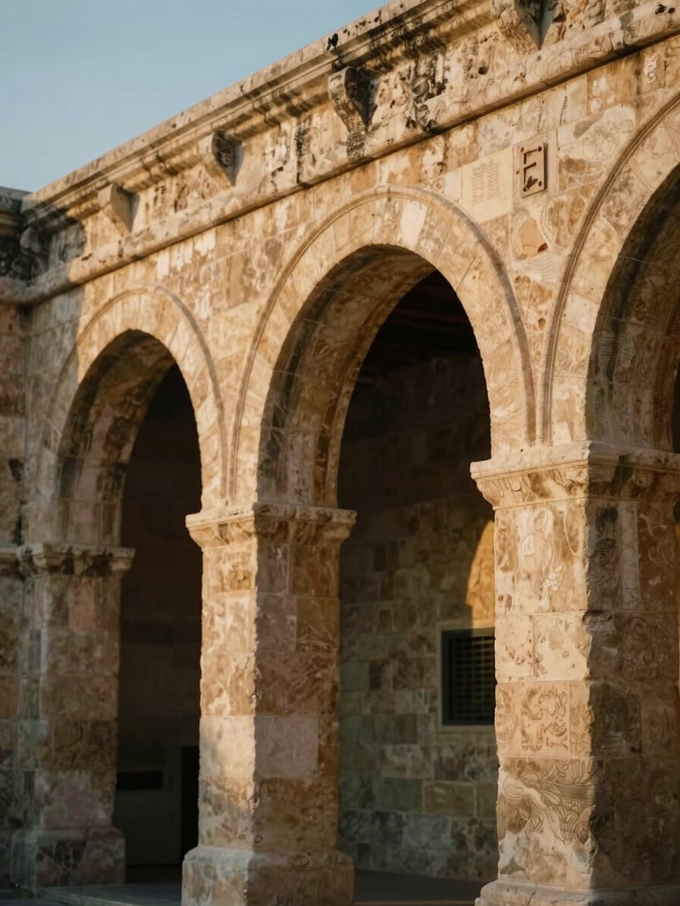 Soft-focus detail of weathered limestone arches in Jerusalem, warm ambient evening glow, shallow depth of field, 35mm editorial photography