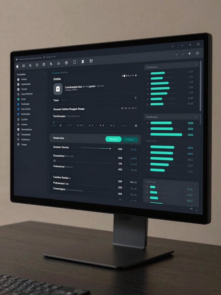 Full-screen app dashboard UI displayed on a large monitor, dark interface with precise data visualization, teal accent lines and interactive state highlights, head-on studio shot, no reflections