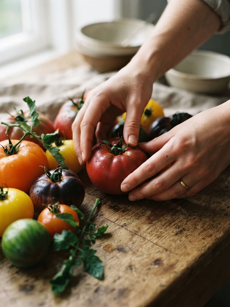 Editorial close-up of hands arranging fresh seasonal heirloom tomatoes on a rustic wooden table, soft Scandinavian window light, warm tones, matte finish, 35mm.
